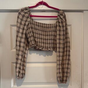 Blue Blush Checkered Puff Sleeve Blouse